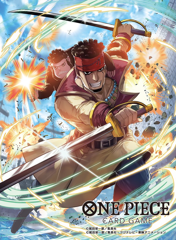 1boy aiming aiming_at_viewer animal ashes belt black_eyes clenched_teeth coat commentary_request copyright_name debris doma_(one_piece) firing gun headband holding holding_gun holding_sword holding_weapon jewelry long_sleeves male_focus monkey morechand moreshan necklace official_art one_piece one_piece_card_game red_headband short_hair sky smile smoke sword teeth weapon