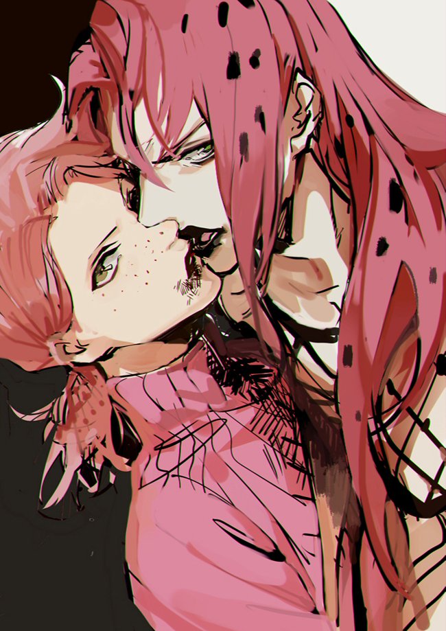 2boys after_kiss couple diavolo fishnet_top fishnets freckles green_eyes hair_between_eyes jojo_no_kimyou_na_bouken lipstick looking_at_viewer looking_to_the_side makeup male_focus multiple_boys nineo patterned_hair pink_hair pink_shirt ponytail runny_makeup shirt short_ponytail simple_background smeared_lipstick three_quarter_profile turtleneck upper_body vento_aureo vinegar_doppio yaoi yellow_eyes