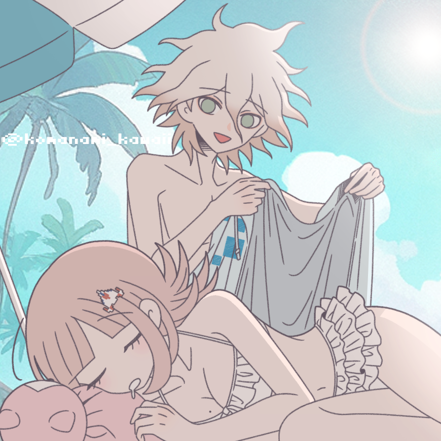 1boy 1girl :d animal_bag ball bare_shoulders bikini blunt_bangs breasts brown_hair cat_bag collarbone danganronpa_(series) danganronpa_2:_goodbye_despair danganronpa_s:_ultimate_summer_camp day flipped_hair galaga grey_hair hair_between_eyes holding_unworn_jacket jacket komaeda_nagito komanami_kawaii large_breasts messy_hair mole mole_on_breast nanami_chiaki navel open_mouth pink_bag pink_eyes smile swimsuit white_bikini white_jacket