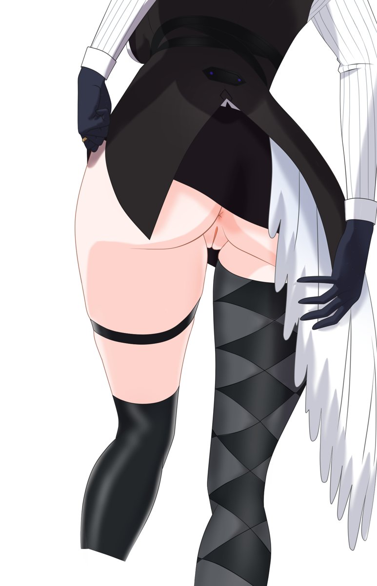1girl anus argyle_clothes ass ass_focus asymmetrical_legwear black_gloves black_skirt black_thighhighs bottomless breasts checkered_clothes checkered_legwear cleft_of_venus clothes_pull feathered_wings from_behind gloves hand_on_own_hip head_out_of_frame holoadvent hololive hololive_english jewelry long_sleeves lower_body mismatched_legwear nerissa_ch. nerissa_ravencroft no_panties pussy rayos ribbed_shirt ring shirt simple_background single_thighhigh skirt skirt_pull solo thigh_strap thighhighs thighs uneven_legwear vest virtual_youtuber white_background white_shirt white_wings wings