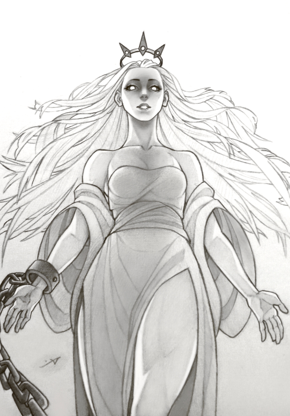 1girl bare_shoulders breasts chain cleavage collarbone colored_sclera commentary cuffs detached_sleeves dress english_commentary floating_hair greyscale highres long_hair long_sleeves looking_at_viewer monochrome mr_andres0n outstretched_arms outstretched_hand parted_lips princess_(slay_the_princess) shackles simple_background slay_the_princess sleeveless sleeveless_dress standing straight-on teeth the_tower_(slay_the_princess) tiara very_long_hair white_background wide_sleeves