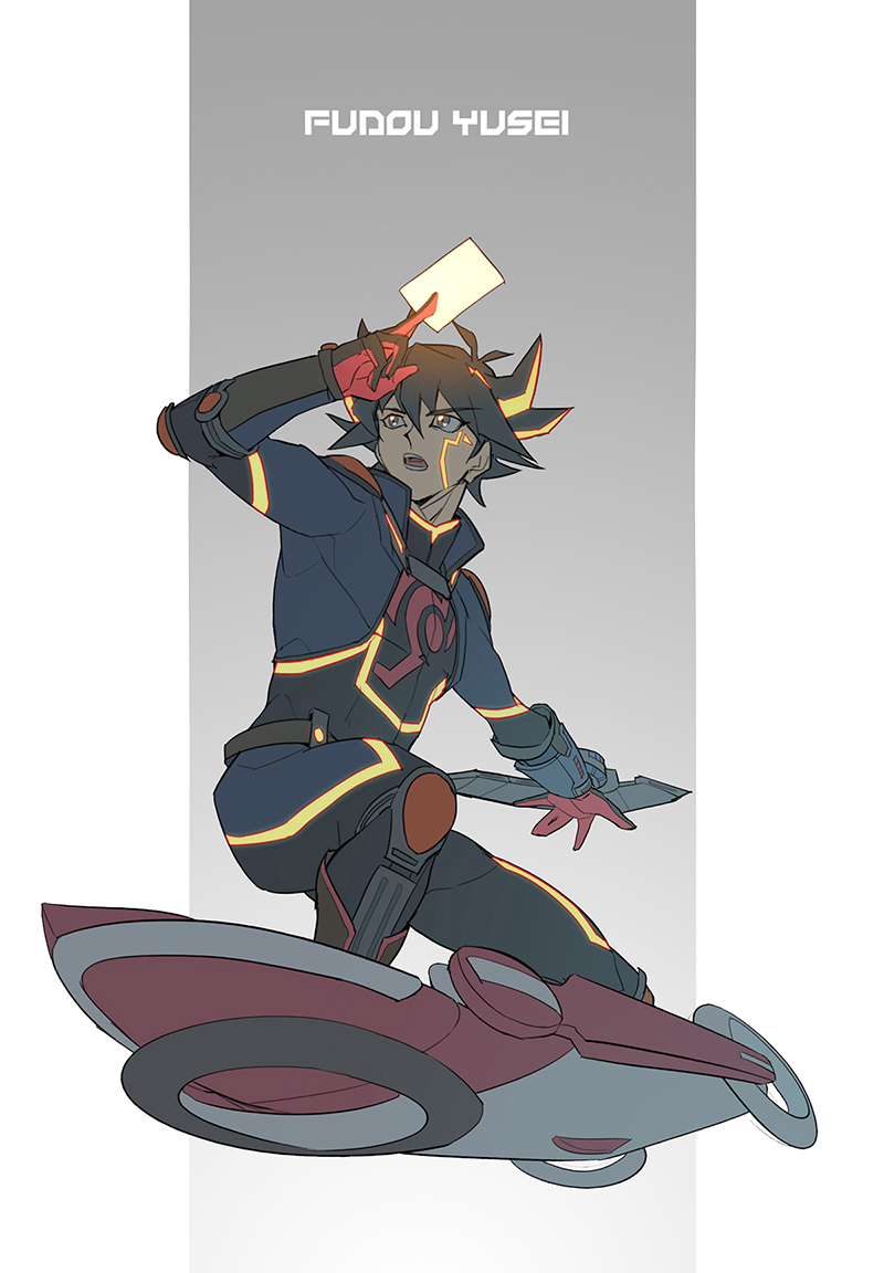 1boy black_footwear black_gloves black_hair black_pants black_shirt blue_eyes blue_jacket border card diffeng_cn duel_disk elbow_gloves elbow_pads english_text facial_mark facing_to_the_side fudo_yusei gloves grey_background hand_up holding holding_card hoverboard in-franchise_crossover jacket knee_pads looking_to_the_side male_focus midair open_clothes open_jacket open_mouth outstretched_arm outstretched_arms pants popped_collar red_trim shirt shoulder_pads spiked_hair squatting white_border yellow_trim yu-gi-oh! yu-gi-oh!_5d&#039;s yu-gi-oh!_vrains