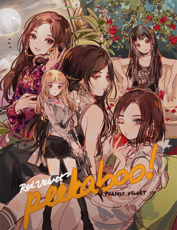 5girls black_shorts blonde_hair blunt_bangs brown_hair commentary copyright_name couch earrings english_commentary flower food holding holding_food holding_phone holding_weapon hoop_earrings hrd0c irene_(red_velvet) jewelry joy_(red_velvet) k-pop long_hair looking_at_viewer looking_back multiple_girls notice_lines on_couch one_eye_closed phone real_life red_flower red_rose red_velvet_(group) rose seulgi_(red_velvet) shorts weapon wendy_(red_velvet) yeri_(red_velvet)