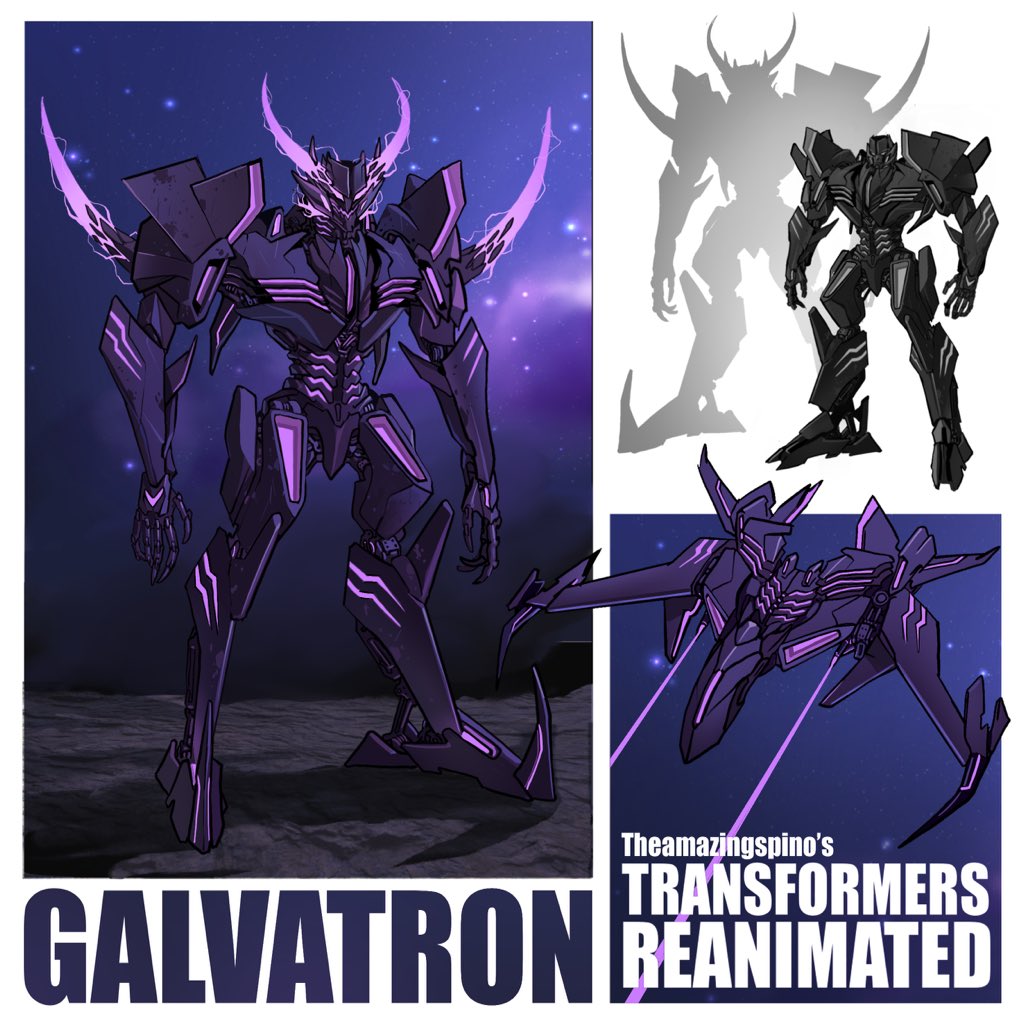 character_name commentary decepticon energy_horns english_commentary flying galvatron horns kamitoge_supino mecha multiple_views no_humans purple_eyes redesign robot transformers