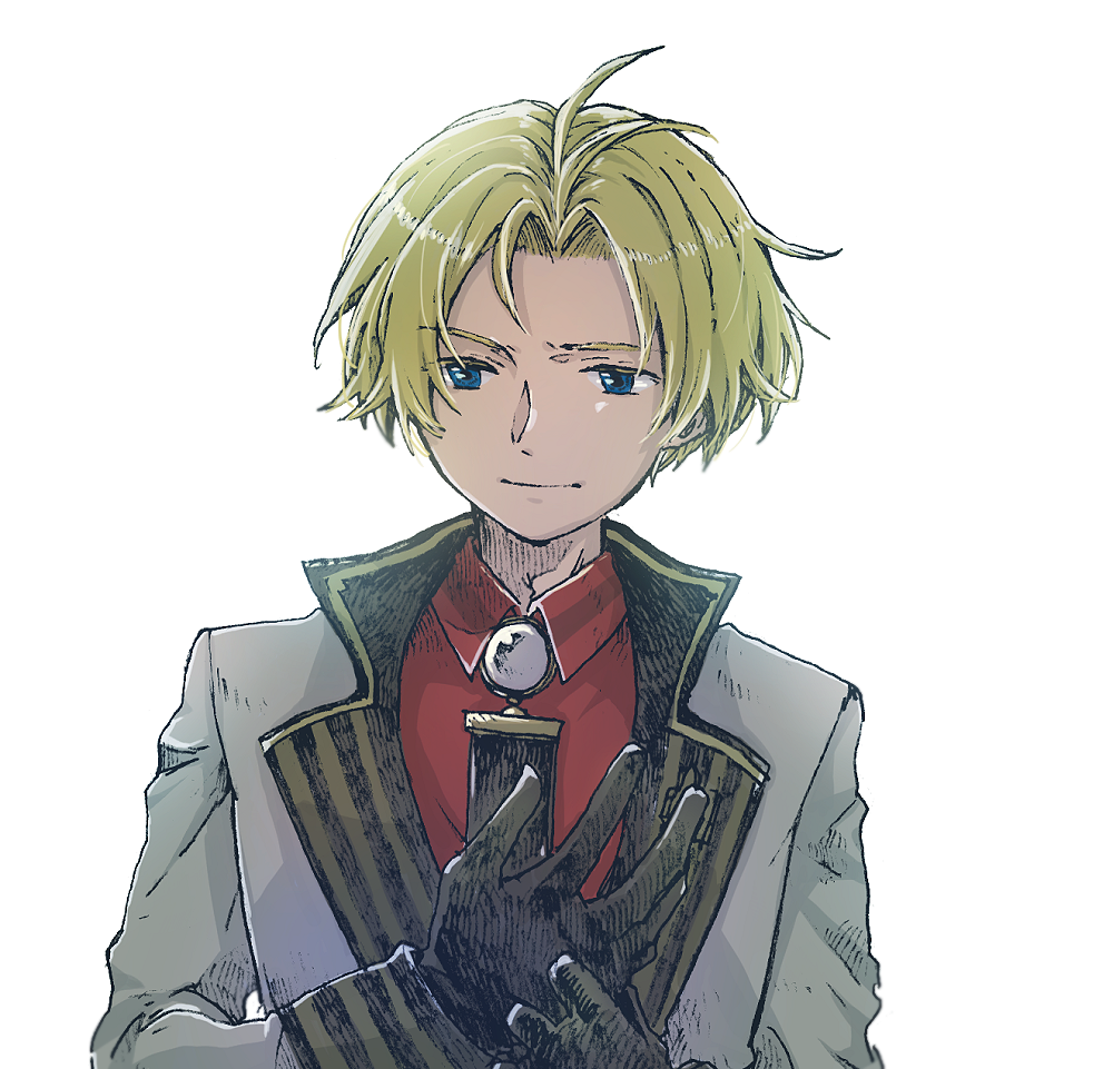1boy adjusting_clothes adjusting_gloves another_eden antenna_hair black_gloves black_necktie blazer blonde_hair blue_eyes cetie_(another_eden) closed_mouth collared_shirt commentary_request curtained_hair gem gloves grey_jacket hatching_(texture) jacket lapels linear_hatching long_sleeves looking_to_the_side male_focus michibata_65 necktie notched_lapels parted_hair raised_eyebrow red_shirt shirt short_hair simple_background solo straight-on upper_body white_background white_gemstone