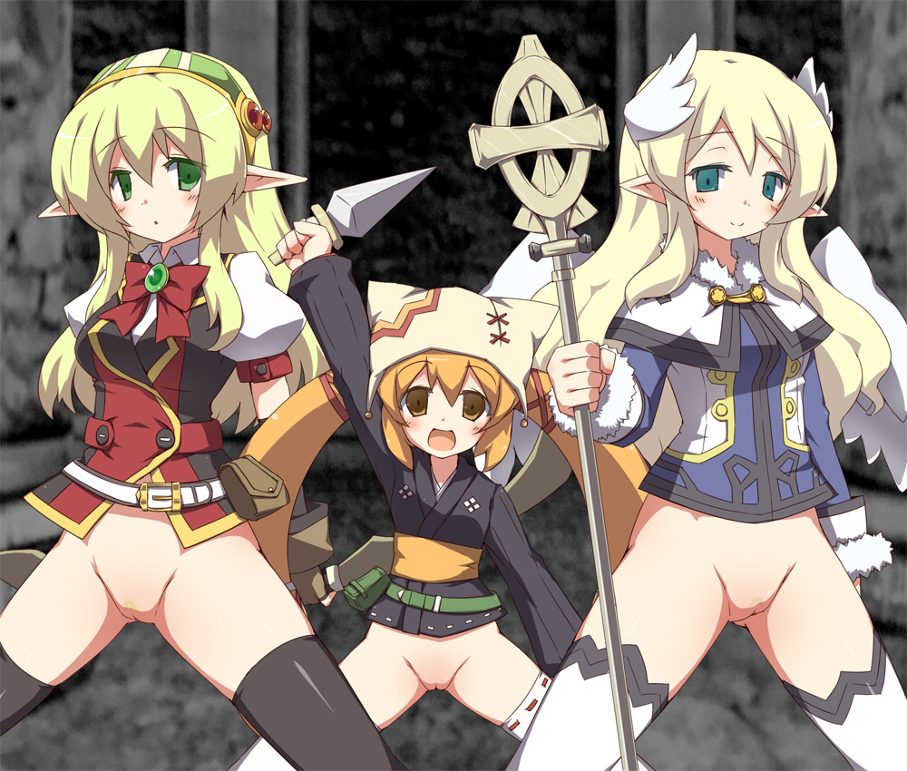3girls blonde_hair blue_eyes blush bottomless bow brown_eyes chikyuujin_a cleft_of_venus elf female_focus green_eyes hat knife long_hair looking_at_viewer multiple_girls open_mouth orange_hair outdoors pointy_ears pubic_hair pussy smile spread_legs staff standing thighhighs twintails uncensored weapon