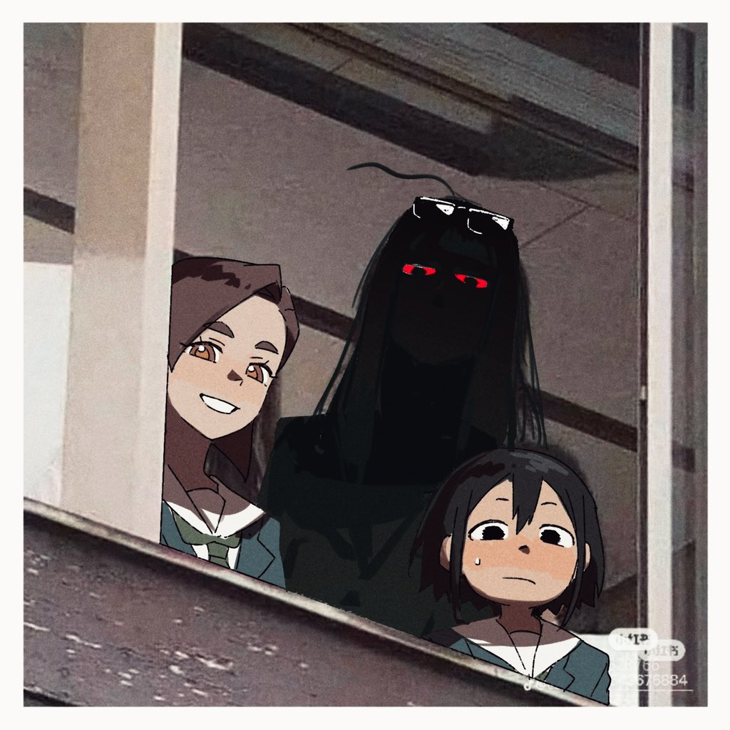 3girls asakusa_midori black_eyes black_hair border brown_eyes colored_sclera commentary eizouken_ni_wa_te_wo_dasu_na! eyewear_on_head glasses goblet_42 in_shadow kanamori_sayaka long_hair meme meme_request mizusaki_tsubame multiple_girls red_sclera school_uniform shibahama_high_school_uniform short_hair smile sweatdrop white_border