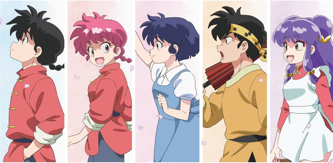 2boys 3girls bandana blue_hair fuurinkan_high_school_uniform hibiki_ryouga multiple_boys multiple_girls official_art ranma-chan ranma_1/2 saotome_ranma shampoo_(ranma_1/2) short_hair tendou_akane yellow_bandana