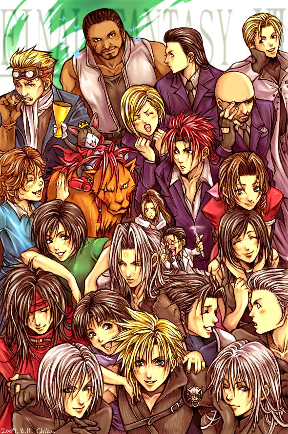 1990s_(style) 4girls 6+boys aerith_gainsborough bald barret_wallace black_hair blonde_hair blue_eyes brown_hair cait_sith_(final_fantasy) cid_highwind cloud_strife denzel_(ff7) elena_(ff7) everyone family father_and_son final_fantasy final_fantasy_vii fingerless_gloves garakuta_(chika) gloves goggles headband kadaj lab_coat long_hair loz lucrecia_crescent marlene_wallace multiple_boys multiple_girls professor_houjou red_hair red_xiii reno_(ff7) retro_artstyle rude_(ff7) rufus_shinra science scientist sephiroth silver_hair smile standing sunglasses tifa_lockhart tseng turks_(ff7) turtleneck vial vincent_valentine yazoo yuffie_kisaragi