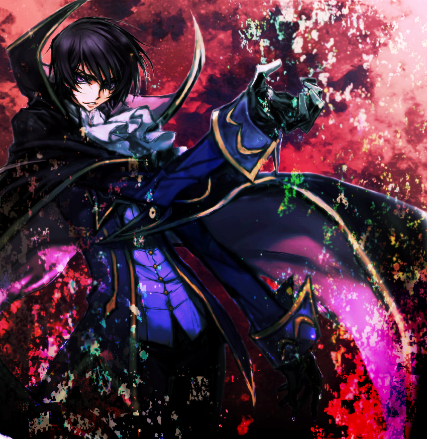 1boy black_hair c_(rahit) cape code_geass ascot gloves lelouch_vi_britannia male_focus purple_eyes rahit solo
