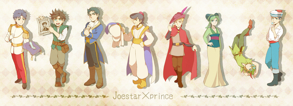 1girl 6+boys aladdin_(character)_(cosplay) aladdin_(disney) aladdin_(movie) arabian_clothes ascot battle_tendency beast_(disney) beast_(disney)_(cosplay) beauty_and_the_beast_(disney) bicorne black_hair blonde_hair blue_hair brown_hair chinese_clothes cinderella_(disney_movie) cosplay crossover diamond_wa_kudakenai disney dixie_cup_hat double_bun epaulettes eric_(disney) eric_(disney)_(cosplay) fa_mulan_(disney) fa_mulan_(disney)_(cosplay) floating flynn_rider flynn_rider_(cosplay) giorno_giovanna green_hair hair_bun hamadaichi hat higashikata_josuke higashikata_josuke_(jojolion) holding holding_unworn_clothes holding_unworn_hat johnny_joestar jojo_no_kimyou_na_bouken jojolion jonathan_joestar joseph_joestar joseph_joestar_(young) kuujou_jolyne military_hat mulan_(movie) multiple_boys parody peter_pan_(character)_(cosplay) phantom_blood prince prince_charming_(disney) prince_charming_(disney)_(cosplay) robin_hood_(disney)_(character)_(cosplay) robin_hood_(disney_character) robin_hood_(disney_movie) stardust_crusaders steel_ball_run stone_ocean tangled the_little_mermaid_(disney) trait_connection unworn_hat unworn_headwear vento_aureo walt_disney&#039;s_peter_pan wanted_poster