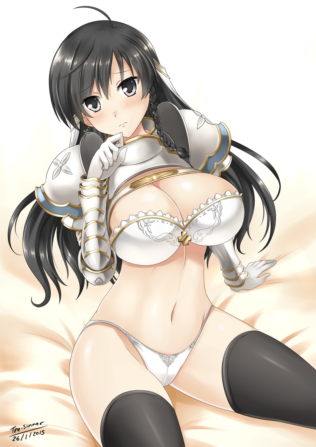 シャイニングレゾナンスエロ the-sinner, sonia blanche, shining (series), shining resonance, highres, 10s, 1girl, 2015, 3:, ahoge, arm support, armor, artist name, bikini armor, black eyes, black hair, black thighhighs, blush, bra, braid, breasts, cleavage, cross,