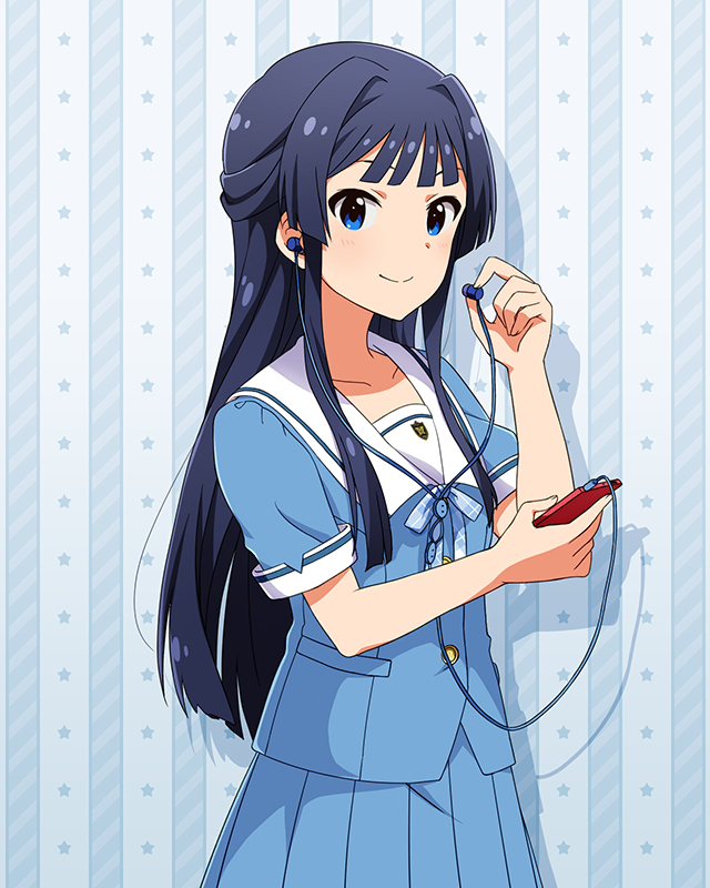 1girl aqua_background aqua_shirt aqua_skirt blue_eyes blue_hair blush card_(medium) collarbone cowboy_shot digital_media_player earphones holding holding_earphones idolmaster idolmaster_million_live! idolmaster_million_live!_theater_days listening_to_music long_hair looking_at_viewer mogami_shizuka official_art pleated_skirt ribbon sailor_collar shirt short_sleeves sidelocks single_earphone_removed skirt smile solo star_(symbol) summer_junior_highschool_(idolmaster) summer_uniform_series_(idolmaster) white_sailor_collar