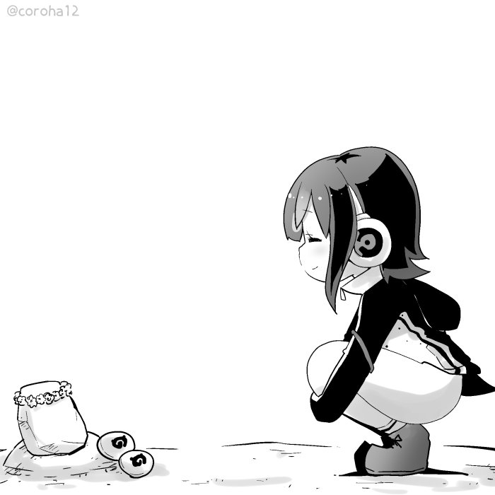 1girl ^_^ alpha_transparency bird closed_eyes coroha flower_wreath food from_side ghost grape-kun grave greyscale headphones hood hood_down hoodie humboldt_penguin_(kemono_friends) japari_bun japari_symbol kemono_friends kemono_friends_v_project monochrome penguin profile short_hair simple_background smile squatting twitter_username virtual_youtuber when_you_see_it white_background
