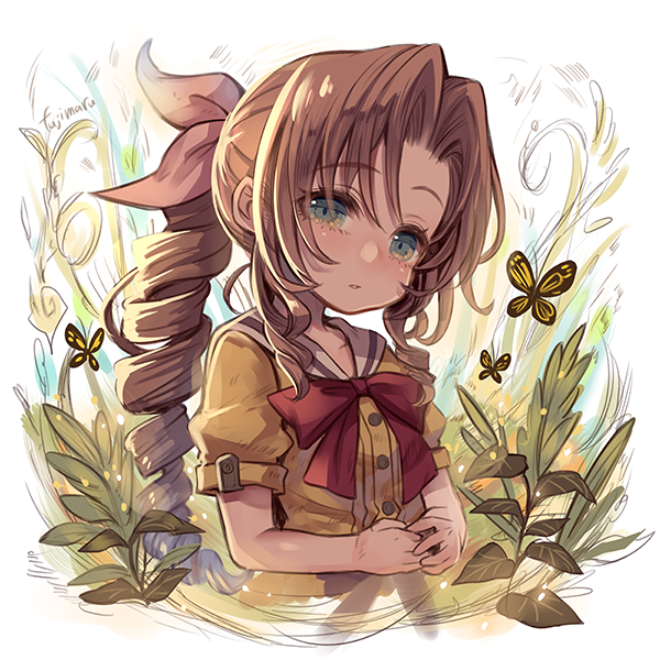 1girl aerith_gainsborough aged_down bow brown_hair bug butterfly curly_hair final_fantasy final_fantasy_vii final_fantasy_vii_remake fujimaru_(green_sparrow) green_eyes hair_ribbon insect own_hands_together parted_bangs pink_ribbon plant ponytail puffy_sleeves red_bow ribbon ringlets sailor_collar sidelocks solo square_enix upper_body