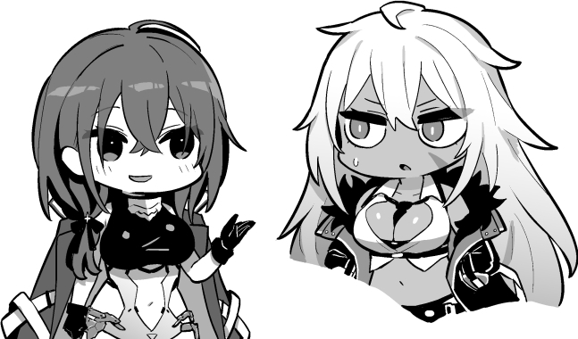 2girls azur_lane azur_lane:_slow_ahead between_breasts black_gloves breasts chibi clothing_cutout coat coat_on_shoulders crossed_bangs dark-skinned_female dark_skin fur-trimmed_coat fur_trim gloves greyscale hori_(hori_no_su) indiana_(azur_lane) large_breasts long_hair monochrome multiple_girls navel navel_cutout parted_lips pittsburgh_(azur_lane) scar scar_on_face simple_background stomach sweatdrop white_background