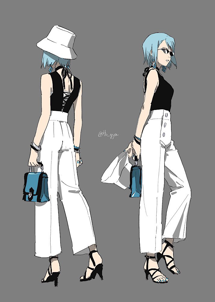 1girl ace_attorney alternate_costume back_cutout bag bare_shoulders black_ribbon black_shirt blue_bag blue_hair blue_nails bracelet casual clothing_cutout commentary_request earrings facing_away franziska_von_karma full_body grey_background hat high_heels holding holding_bag jewelry multiple_views nail_polish pants ribbon sandals shirt short_hair simple_background sleeveless sleeveless_shirt standing sunglasses taba_(tb_gya) toenail_polish toenails white_headwear white_pants