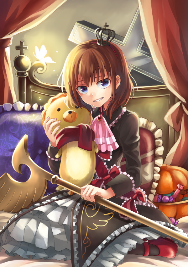 1girl bed bekkourico blue_eyes brown_hair bug butterfly candy ascot cross crown curtains dress food frilled_pillow frills grin bug maria_(umineko) pillow sakutarou_(umineko) smile staff stuffed_animal stuffed_lion stuffed_toy umineko_no_naku_koro_ni ushiromiya_maria