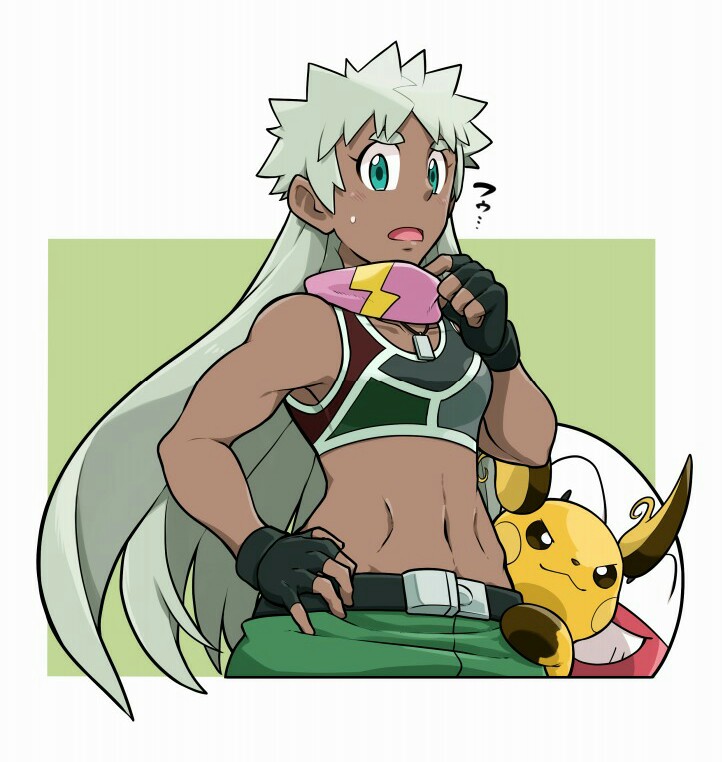 1boy belt black_gloves blue_eyes dark-skinned_male dark_skin electrode_(pokemon) fingerless_gloves gen_1_pokemon gloves green_shorts grey_hair hair_extensions jewelry long_hair mabu_(dorisuto) midriff navel necklace nintendo pink_scarf pokemon pokemon_(anime) pokemon_(creature) pokemon_journeys raichu scarf shorts simple_background spiked_hair standing visquez_(pokemon)