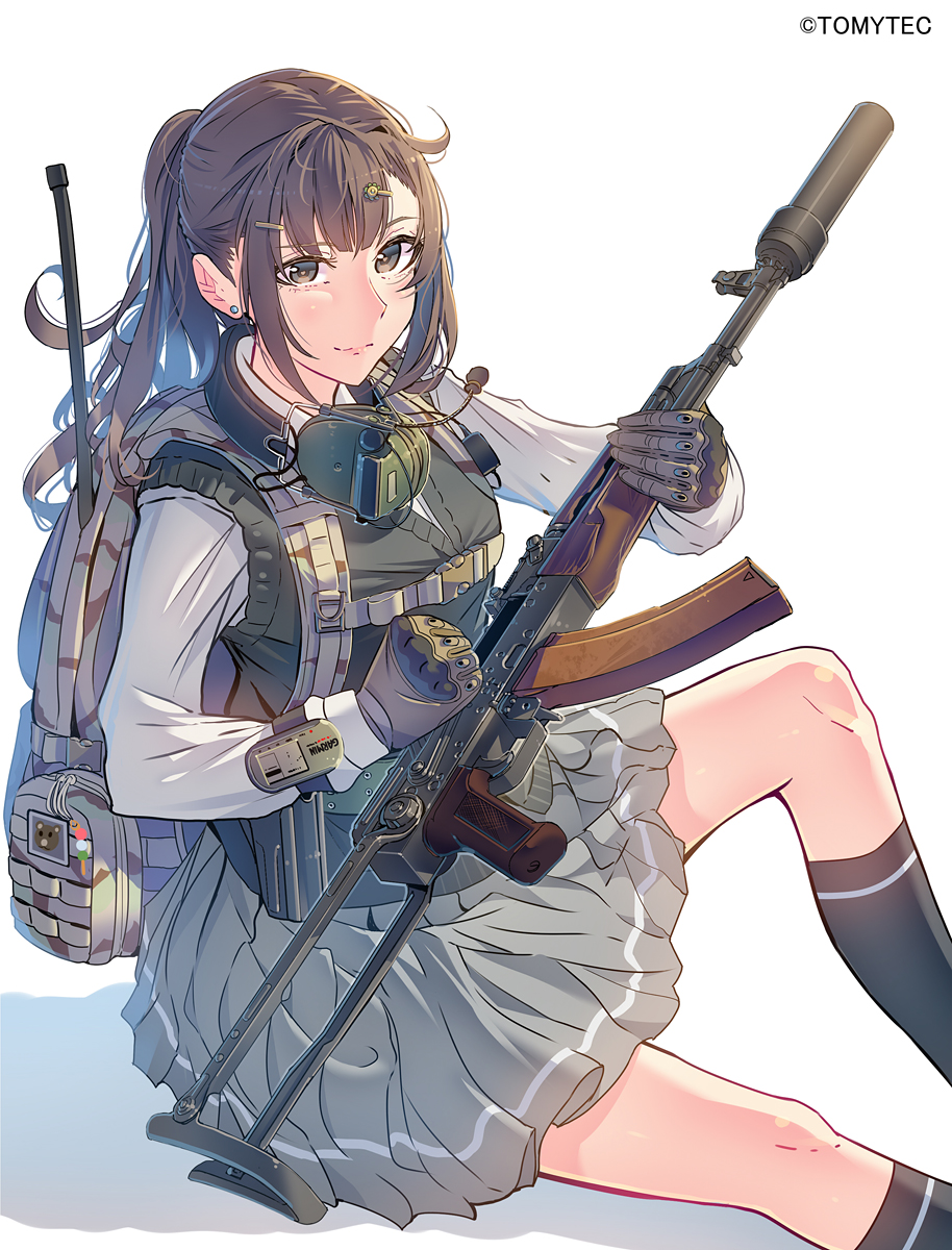 1girl akm akms assault_rifle backpack bag brown_eyes brown_hair daito gloves gun headphones headphones_around_neck headset_removed highres holding holding_gun holding_weapon kalashnikov_rifle long_hair looking_at_viewer military original pleated_skirt school_uniform sitting skirt solo sweater_vest weapon