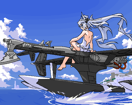1girl arm_at_side backless_dress backless_outfit bare_arms bare_legs bare_shoulders barefoot black_ribbon blue_sky city closed_mouth cloud crossed_legs day dress female_focus floating_hair full_body gun hair_ribbon hair_rings hand_on_own_knee long_hair looking_at_viewer looking_back lowres mof mof&#039;s_silver_haired_twintailed_girl ocean oekaki original outdoors profile ribbon shore shoulder_blades silver_hair sitting sky solo splashing twintails very_long_hair water weapon white_dress