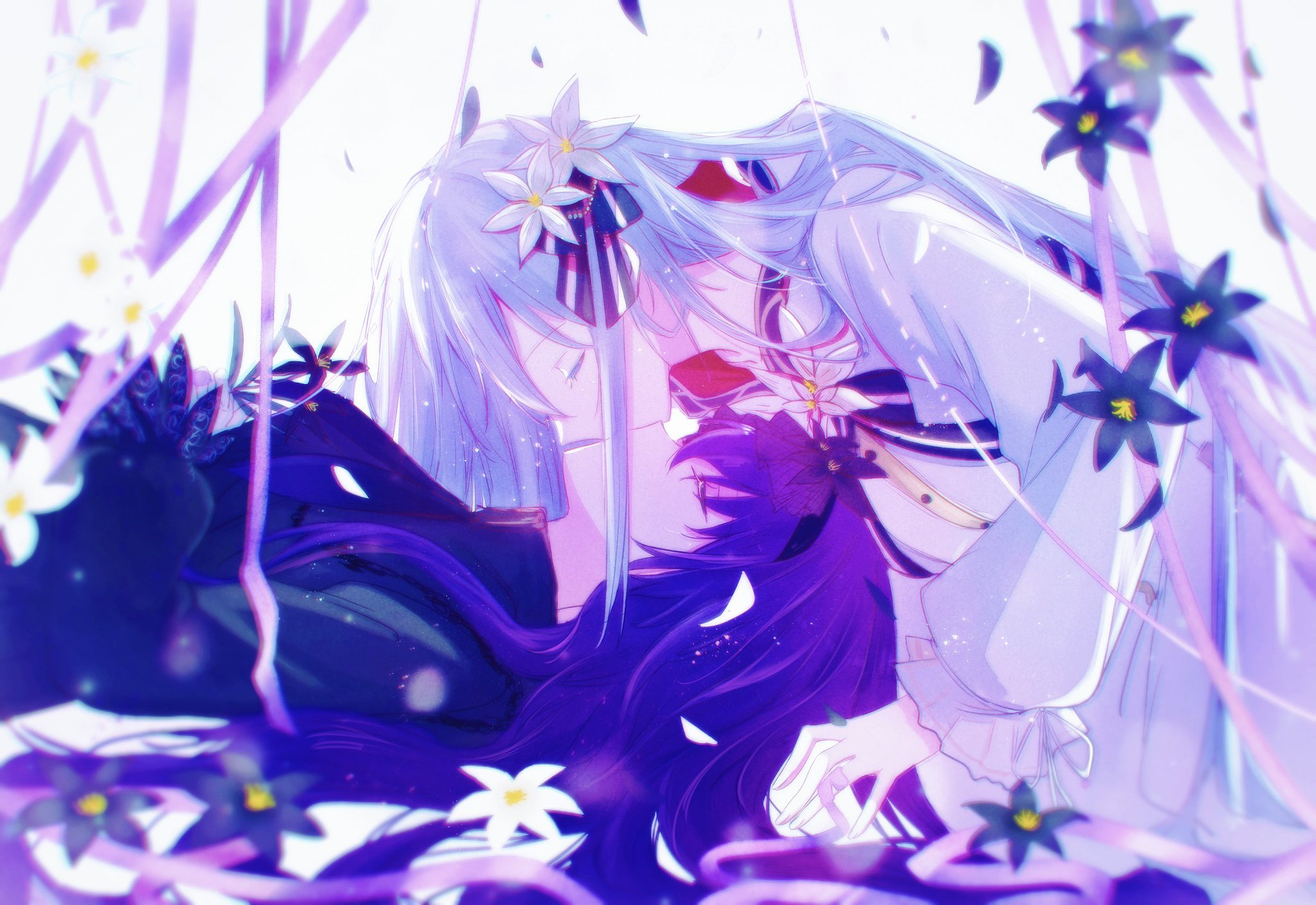 2girls asahina_mafuyu closed_eyes daikon_daikon flower hair_ornament highres kiss long_hair lying multiple_girls on_back project_sekai purple_hair upside-down upside-down_kiss white_background white_hair yoisaki_kanade yuri