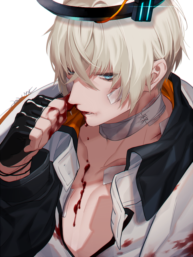 1boy arknights bandaged_neck bandages bandaid bandaid_on_cheek bandaid_on_face black_gloves blood blood_from_mouth blood_on_clothes blood_on_face blood_on_hands blue_eyes bruise clenched_hand crossed_bangs cuts dripping executor_(arknights) eyelashes finger_to_own_nose fingerless_gloves from_above glint gloves hair_between_eyes halo hand_up injury jacket long_sleeves looking_away male_focus mtk_(souko) nosebleed parted_lips portrait short_hair silver_hair simple_background solo white_background
