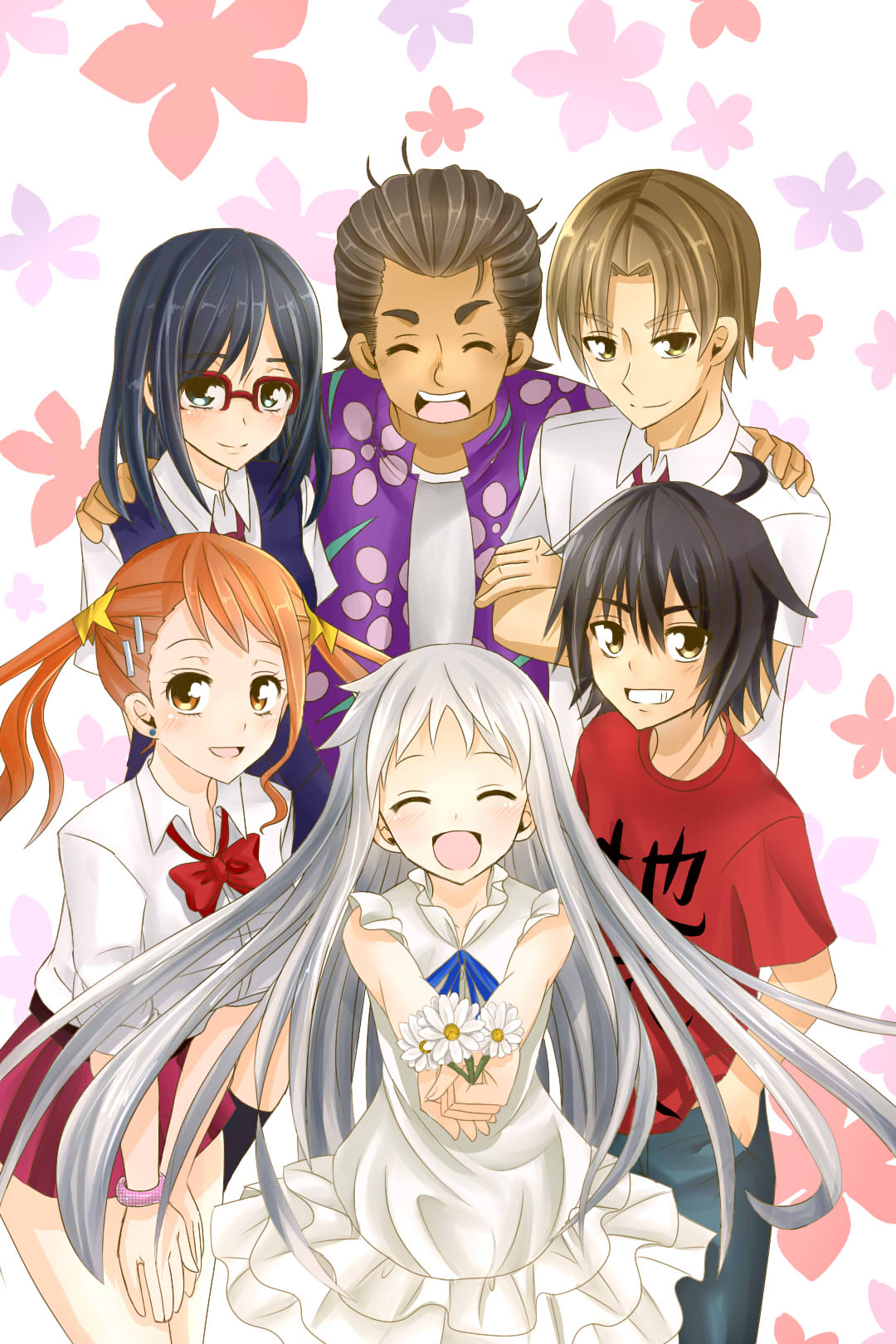 10s 3boys 3girls aishuu anjou_naruko ano_hi_mita_hana_no_namae_wo_bokutachi_wa_mada_shiranai. casual highres hisakawa_tetsudou honma_meiko long_hair matsuyuki_atsumu multiple_boys multiple_girls school_uniform short_hair sleeves_rolled_up tsurumi_chiriko yadomi_jinta
