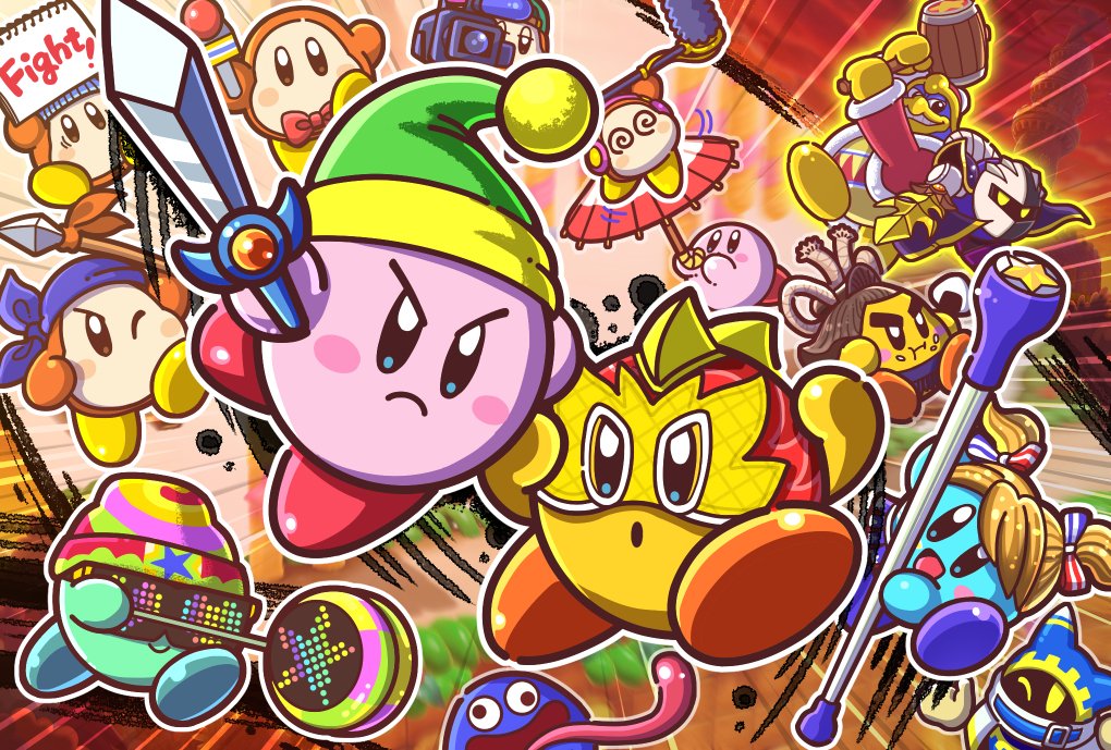 3boys @_@ backwards_hat bandana baseball_cap baton beanie blue_eyes blush_stickers pom_pom_beanie boom_microphone bow bowtie channel_ppp commentary_request copy_ability galaxia_(sword) gooey_(kirby) hair_bow hat headphones king_dedede kirby kirby_(series) kirby_fighters_2 luchador_mask magolor mallet meta_knight microphone multiple_boys nintendo no_humans official_art parasol_kirby polearm rayman_limbs red_neckwear rope shimenawa spear staff_kirby sword sword_kirby tongue tongue_out twintails video_camera waddle_dee weapon wig yellow_eyes yo-yo zunglasses