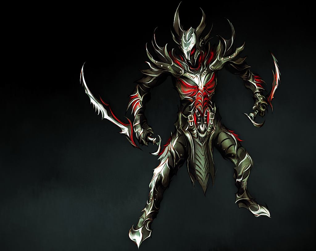 1boy armor byneet daedra demon dual_wielding full_armor full_body gradient_background helmet holding horns male_focus red_eyes solo sword the_elder_scrolls the_elder_scrolls_v:_skyrim weapon