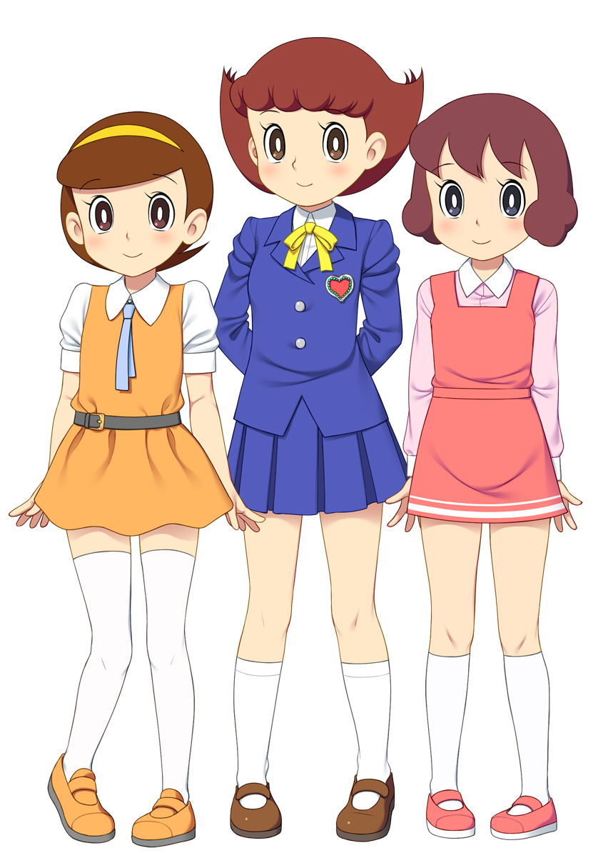 3girls brown_eyes brown_hair child crossover esper_mami grey_eyes hoshino_sumire kiteretsu_daihyakka multiple_girls nonohana_miyoko perman_(series) sakura_mami