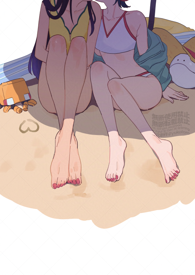 2girls amate_yuzuriha barefoot bikini black_hair commentary feet gundam gundam_gquuuuuux head_out_of_frame heart kiss multiple_girls nail_polish nyaan_(gundam_gquuuuuux) one-piece_swimsuit pink_nails sweatdrop swimsuit toenail_polish toenails white_bikini yellow_one-piece_swimsuit yukataro yuri