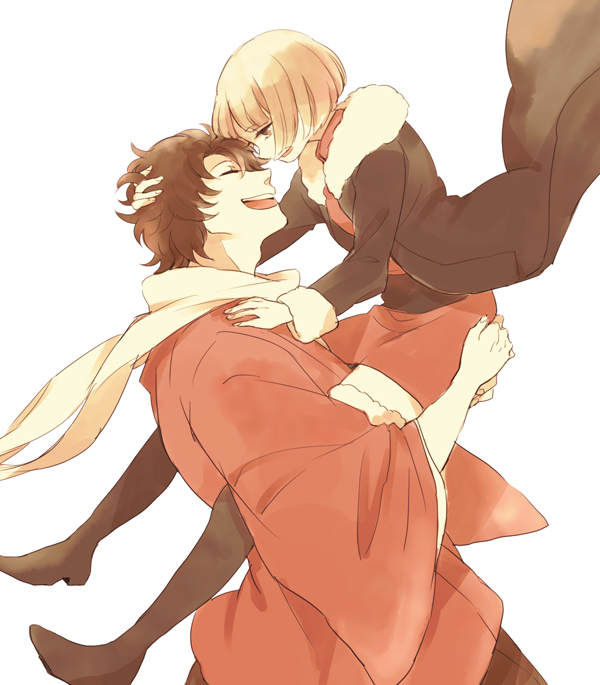 1boy 1girl brown_eyes brown_hair carrying closed_eyes gintama hatch_(8cco) japanese_clothes long_coat mutsu_(gintama) sakamoto_tatsuma scarf short_hair smile