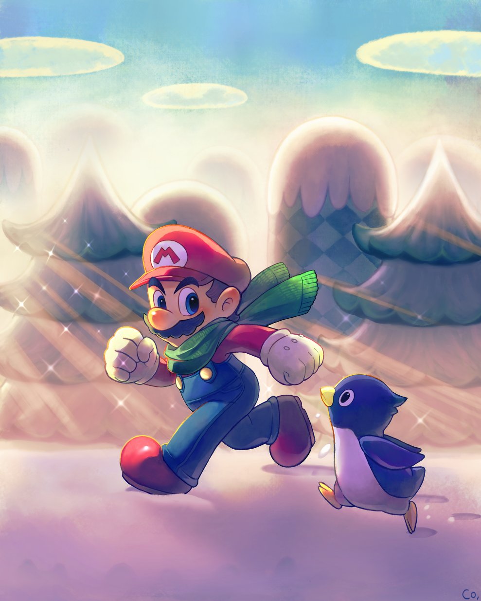 1boy blue_eyes blue_overalls boots brown_footwear brown_hair co_co_mg facial_hair gloves hat highres mario mario_(series) mustache nintendo outdoors overalls penguin_(mario) red_headwear red_shirt scarf shirt short_hair snow super_mario_64 tree white_gloves