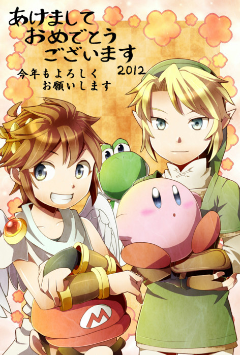 2012 5boys androgynous azumi_(tks-sd) blonde_hair blue_eyes bracer brown_hair closed_mouth creature crossed_arms crossover fingerless_gloves floral_background gloves green_tunic grin holding holding_creature kid_icarus kid_icarus_uprising kirby kirby_(series) link male_focus mario mario_(series) multiple_boys multiple_crossover new_year nintendo orange_background pit_(kid_icarus) pointy_ears smile spiked_hair super_smash_bros. the_legend_of_zelda tunic yoshi