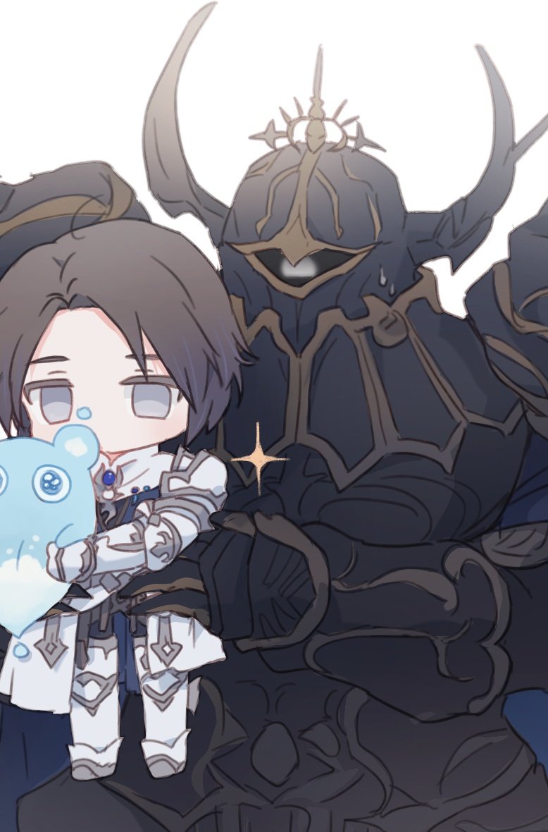 1boy 1girl armor black_hair breastplate cape carrying carrying_person chibi commentary_request covered_face creature expressionless facing_viewer fake_horns final_fantasy final_fantasy_xiv full_armor gauntlets golbez greaves grey_eyes helmet hoban_rkgk holding holding_creature horned_helmet horns korean_commentary lifting_person mini_person minigirl nixie_(ff14) no_mouth one-eyed paladin_(final_fantasy) pauldrons short_hair shoulder_armor simple_background size_difference sparkle sweat upper_body white_background white_cape zero_(ff14)