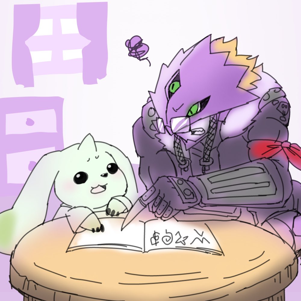 beelzebumon black_eyes blonde_hair digimon digimon_(creature) digimon_tamers gerusyu horns mask tail teaching terriermon_assistant