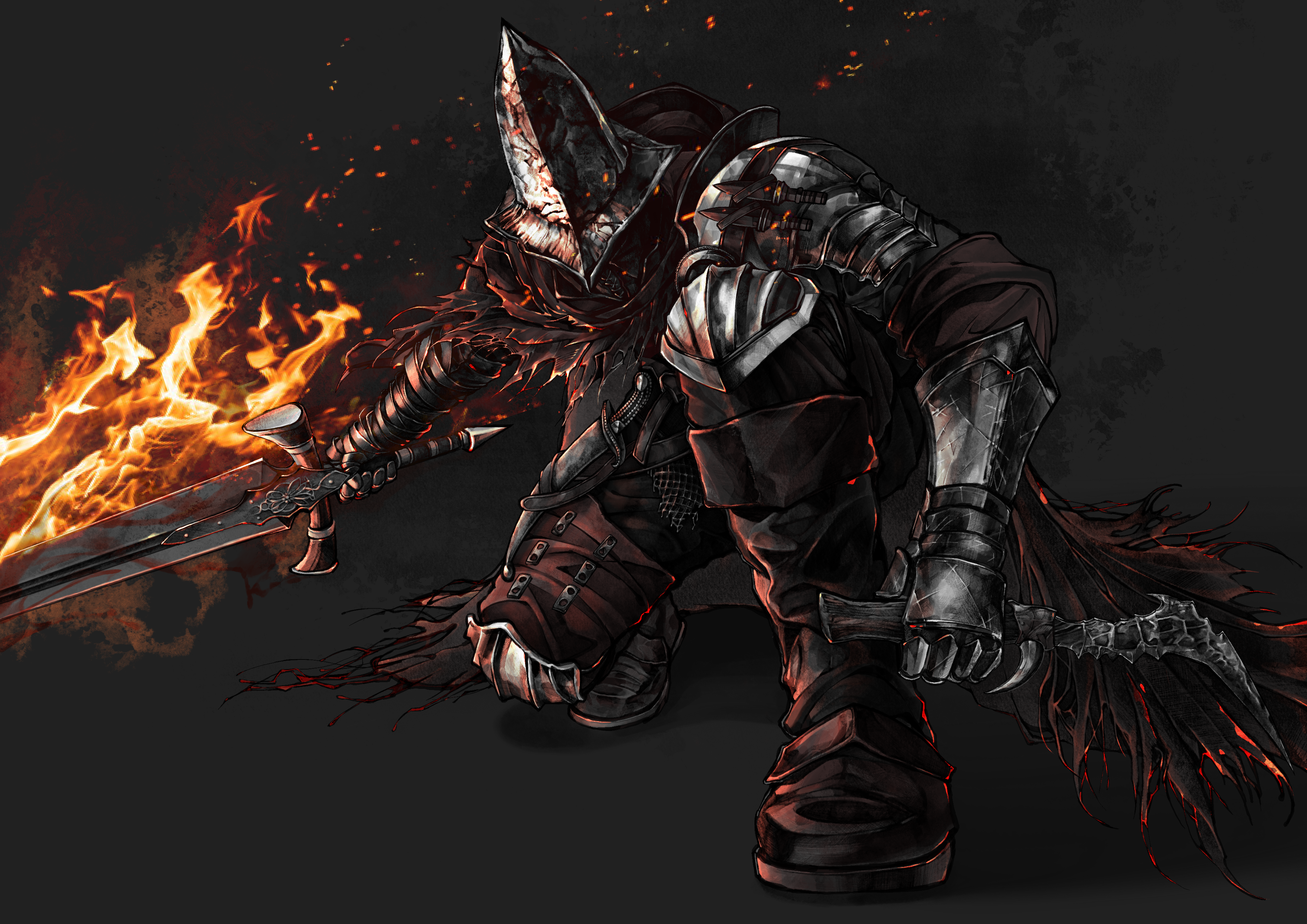 1other absurdres abyss_watcher armor asymmetrical_dual_wielding brown_cape brown_pants brown_shirt cape commentary dagger dark_souls_(series) dark_souls_iii dated_commentary dual_wielding embers fire flaming_sword flaming_weapon full_body gauntlets grey_background highres holding holding_dagger holding_knife holding_sword holding_weapon knife on_one_knee other_focus pants pauldrons pointy_hat reverse_grip shirt shoulder_armor solo sword torn_cape torn_clothes weapon xoo_(pixiv_100957810)