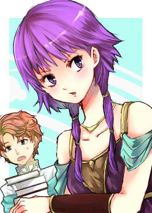 1boy 1girl artur_(fire_emblem) bare_shoulders black_eyes book collarbone couple fire_emblem fire_emblem:_the_sacred_stones hetero jewelry kariu long_hair lute_(fire_emblem) necklace nintendo open_mouth orange_hair purple_eyes purple_hair short_hair turtleneck twintails