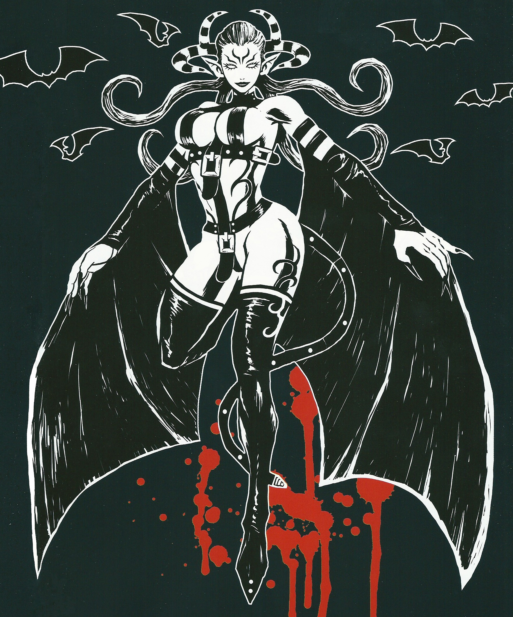 1girl bat_(animal) belt blood body_markings boots breasts cleavage dark_background demon_girl elise_(madworld) empty_eyes female_focus fingernails flying highres horns large_breasts long_fingernails long_hair madworld monochrome pointy_ears sega sideboob simple_background solo spot_color tattoo thigh_boots thighhighs vampire