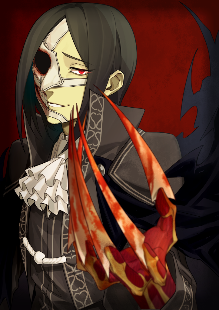 1boy ascot blood bloody_weapon claws collared_jacket european_clothes fate/grand_order fate_(series) green_hair half_mask high_collar jacket long_sleeves looking_at_viewer male_focus mask ne_dzumi parted_bangs phantom_of_the_opera_(fate) red_eyes solo upper_body weapon white_ascot