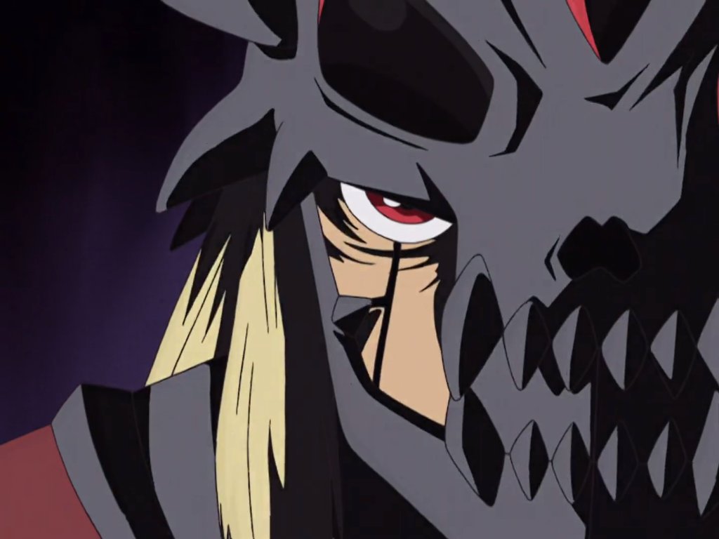 1boy digimon digimon_(creature) digimon_frontier duskmon looking_at_viewer male_focus red_eyes screencap skull solo