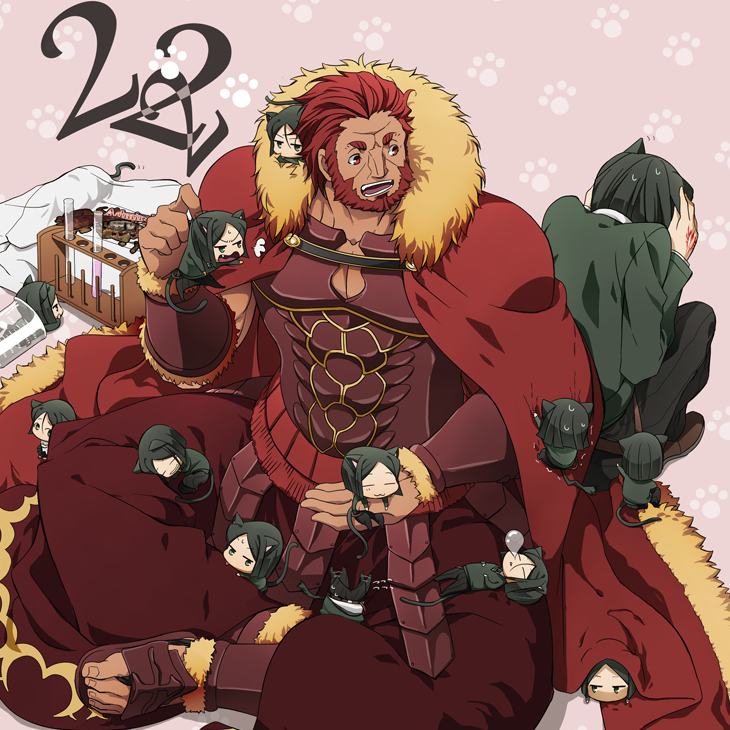 2boys :3 animal_ears armor beard black_hair bob_cut cape cat_boy cat_ears cat_tail chemistry_set chibi command_spell covering_own_ears facial_hair fate/zero fate_(series) iskandar_(fate) kemonomimi_mode male_focus multiple_boys red_eyes red_hair sandals tail too_many waver_velvet yun_(neo)