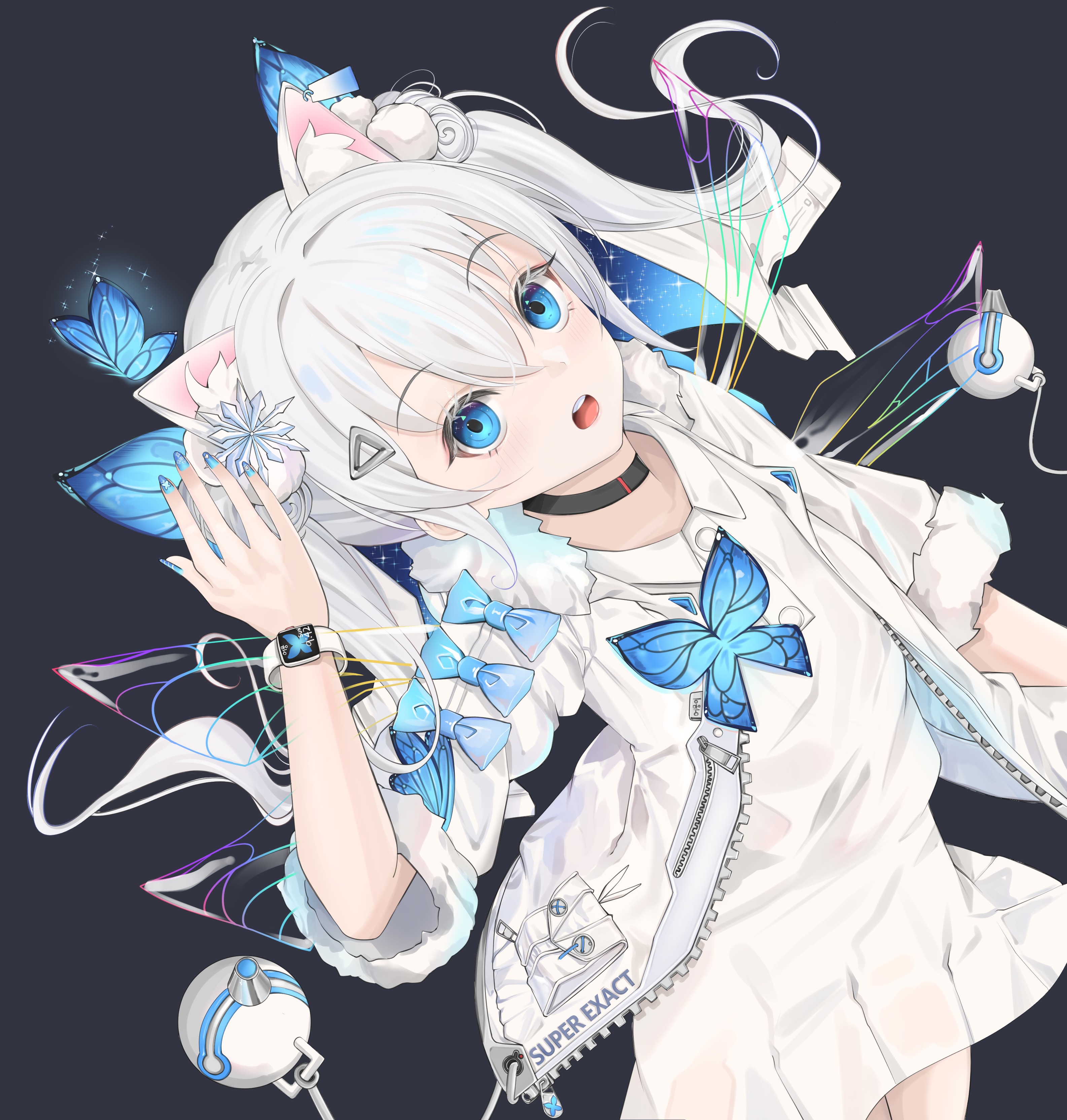 1girl :o absurdres animal_ear_fluff animal_ears black_choker blue_eyes blue_nails butterfly_hair_ornament child choker double_bun eomung fake_animal_ears fur-trimmed_jacket fur-trimmed_sleeves fur_trim goddess_of_victory:_nikke hair_between_eyes hair_bun hair_ornament highres hood hooded_jacket jacket looking_at_viewer n102_(miracle_fairy)_(nikke) n102_(nikke) nail_polish official_alternate_costume open_mouth pom_pom_(clothes) ribbon shoes short_sleeves short_twintails skirt sneakers solo twintails white_hair white_shoes white_skirt