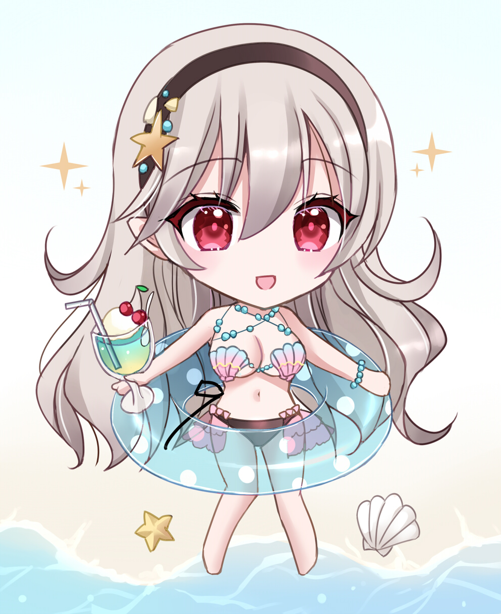 1girl bare_shoulders beach big_head bikini black_hairband blush breasts chibi clam_shell cleavage cup drink female_corrin_(cipher_shell_bikini)_(fire_emblem) female_corrin_(fire_emblem) fire_emblem fire_emblem_cipher fire_emblem_fates grey_hair hair_between_eyes hairband highres holding holding_cup kirishima_riona large_breasts long_hair looking_at_viewer navel nintendo official_alternate_costume open_mouth pointy_ears red_eyes seashell shell shell_bikini smile solo starfish starfish_hair_ornament swimsuit underboob very_long_hair water white_hair
