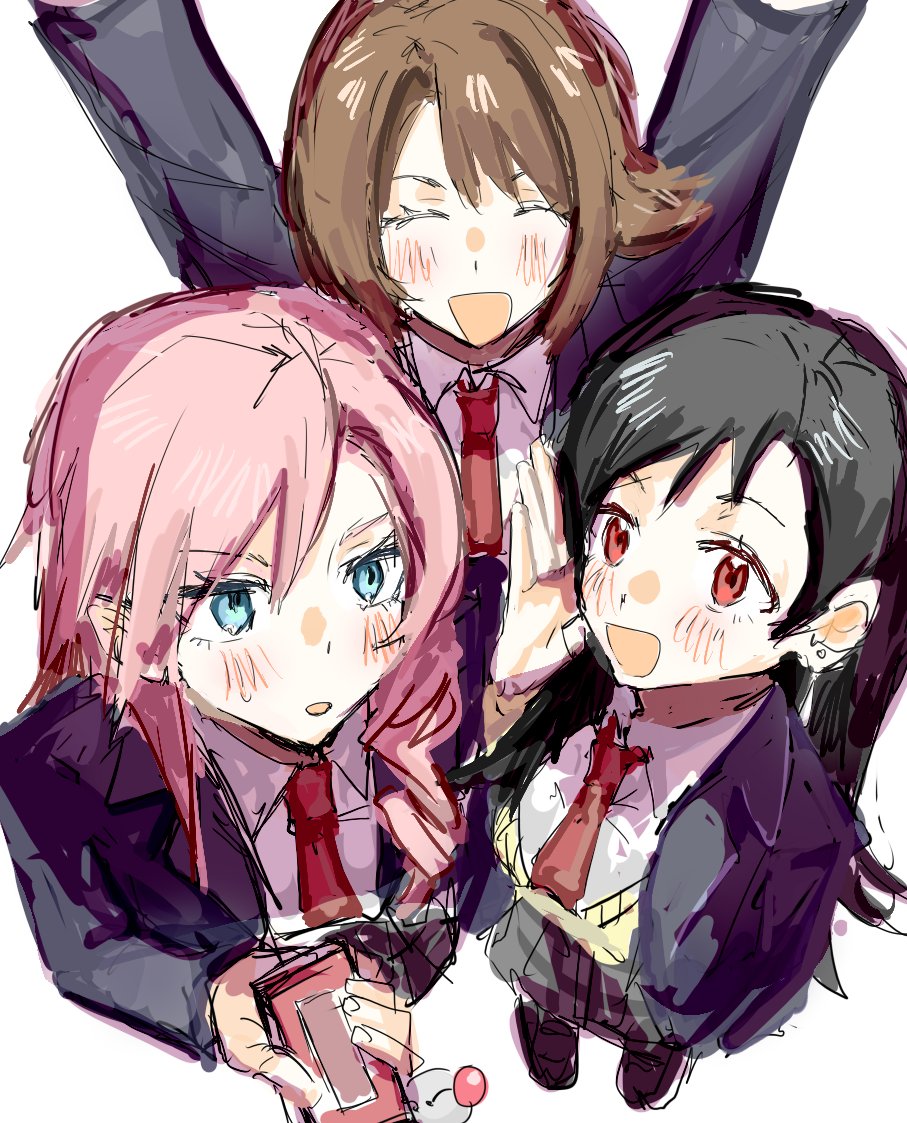 3girls black_hair blue_eyes blush brown_hair cellphone character_doll charm_(object) closed_eyes doll earrings final_fantasy final_fantasy_vii final_fantasy_x final_fantasy_xiii happy holding holding_phone in-franchise_crossover jewelry lightning_farron long_hair moogle multiple_girls necktie open_mouth phone pink_hair red_eyes school_uniform shen_0012 skirt smile tifa_lockhart yuna_(ff10)