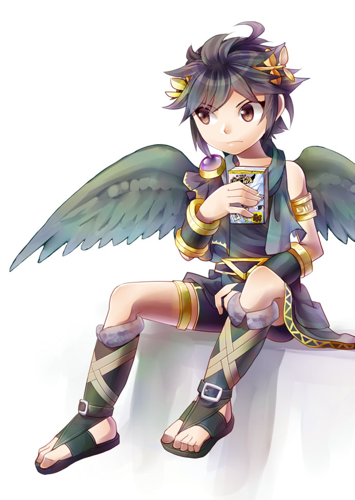 1boy ahoge armlet azumi_(tks-sd) black_sandals box bracer brown_eyes closed_mouth dark_angel dark_pit feathered_wings food frown full_body fur-trimmed_footwear fur_trim gold_armlet gold_thighlet grey_scarf grey_wings holding holding_box holding_food jewelry kid_icarus kid_icarus_uprising laurel_crown male_focus nintendo sandals scarf short_hair sidelocks single_bare_shoulder sitting solo spiked_hair thighlet v-shaped_eyebrows white_background wings