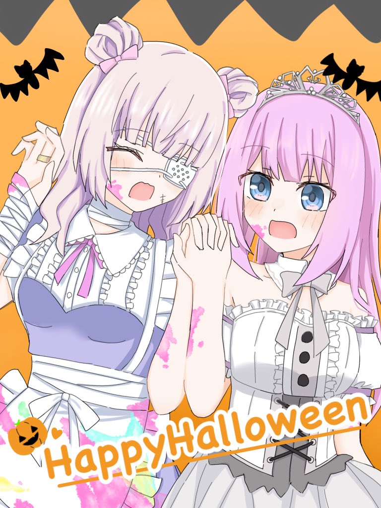 2girls :d ^_^ apron arm_at_side assault_lily bandaged_neck bandages bare_shoulders bat_(animal) blue_eyes blunt_bangs blush bow breasts buttons center_frills closed_eyes collared_dress commentary cross-laced_clothes cross-laced_dress detached_sleeves double_bun dress eyepatch frilled_apron frilled_dress frilled_sleeves frills hair_bow hair_bun hair_down halloween halloween_costume hand_up hands_up happy_halloween holding_hands interlocked_fingers jack-o&#039;-lantern jewelry long_hair looking_at_another medical_eyepatch medium_breasts multiple_girls neck_ribbon official_alternate_costume official_alternate_hairstyle one_eye_covered open_mouth orange_background paint_splatter paint_splatter_on_face pink_hair pink_ribbon puffy_detached_sleeves puffy_short_sleeves puffy_sleeves purple_dress ribbon ring sadamori_himeka sana_(hs_yp1) short_sleeves side-by-side silhouette smile stitched_face stitches strapless strapless_dress tamba_akari tiara two-tone_dress waist_apron white_apron white_dress