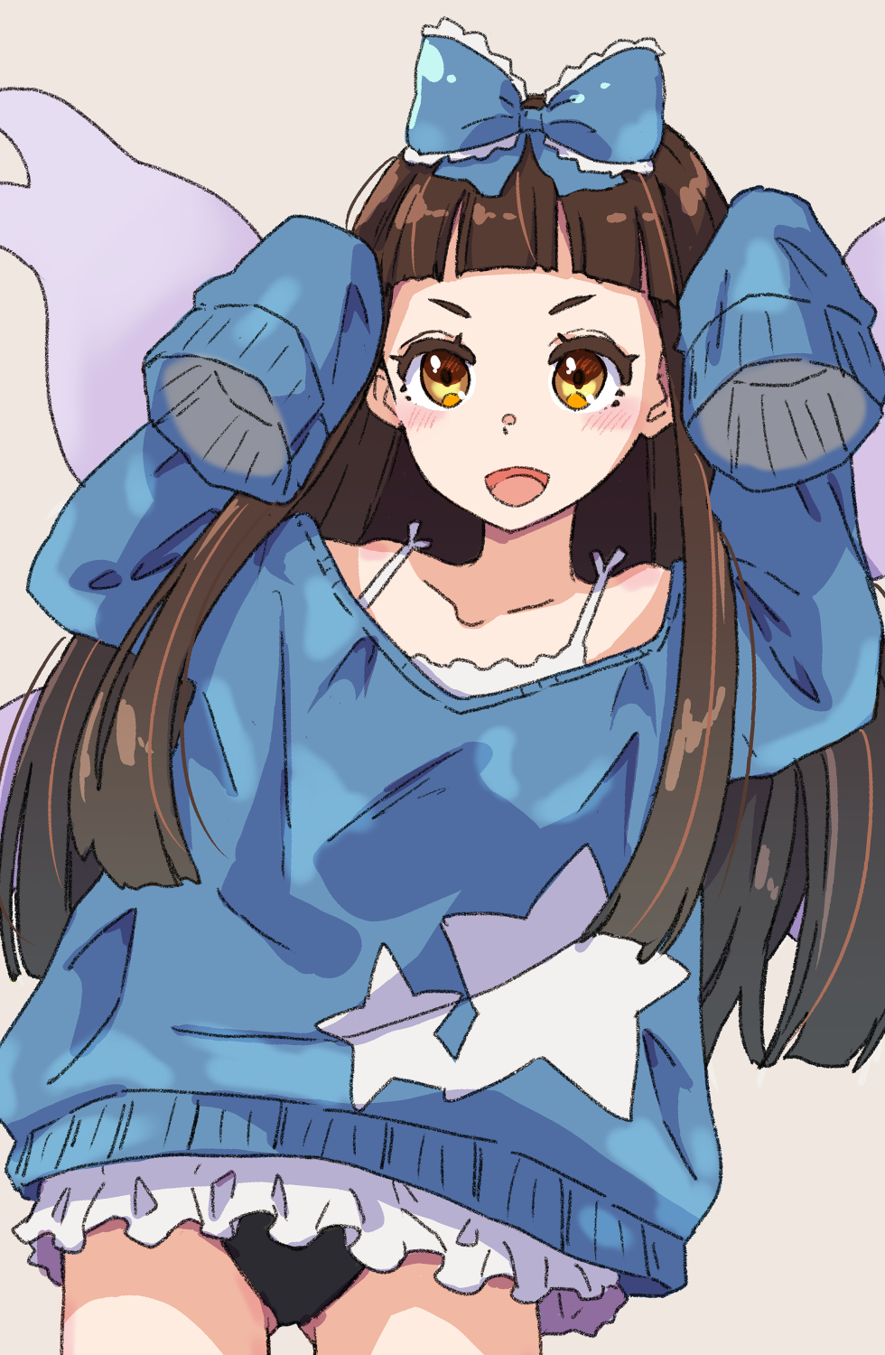 1girl :d adapted_costume bare_shoulders black_panties blue_bow blue_sweater blunt_bangs blush bow brown_eyes brown_hair collarbone commentary_request cowboy_shot fairy_wings flat_chest frilled_bow frills gluteal_fold hair_bow hands_up highres jack_(wkm74959) long_hair looking_at_viewer one-hour_drawing_challenge open_mouth oversized_clothes panties pantyshot short_bangs simple_background sleeves_past_fingers sleeves_past_wrists smile solo star_sapphire sweater thigh_gap tongue touhou underwear v-shaped_eyebrows very_long_hair white_background wings