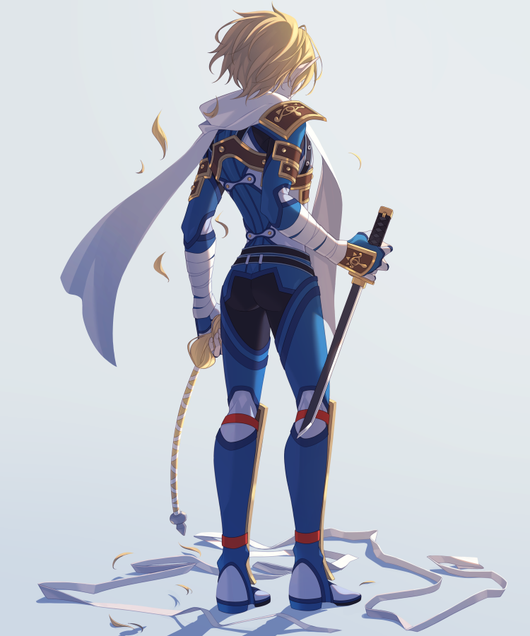 1boy alternate_hair_length alternate_hairstyle androgynous armor ass bandages blonde_hair braid cutting_hair from_behind full_body genderswap genderswap_(ftm) gloves holding holding_weapon miri_(cherryjelly) nintendo pointy_ears scarf sheik short_hair simple_background single_braid solo super_smash_bros. the_legend_of_zelda the_legend_of_zelda:_ocarina_of_time weapon white_scarf
